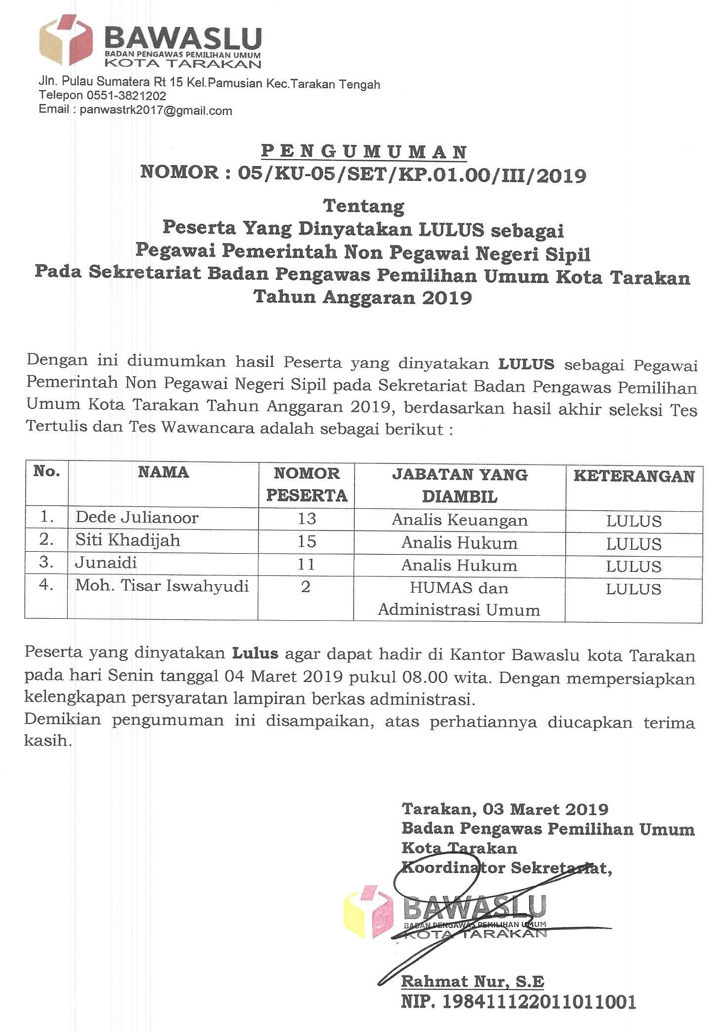 Pengumuman Seleksi PPNPNS Bawaslu Kota Tarakan