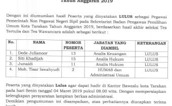 Pengumuman Seleksi PPNPNS Bawaslu Kota Tarakan
